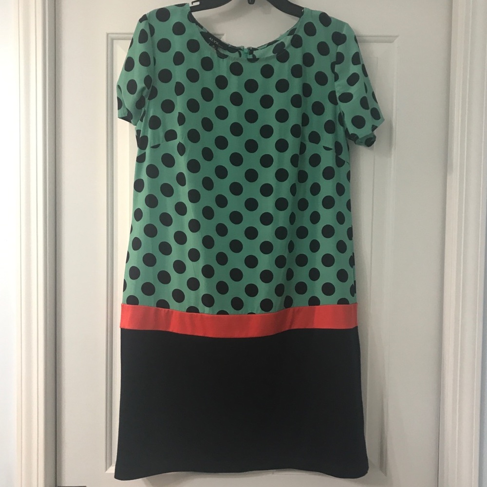 Navy, green, red polka dot Alyx drop waist dress